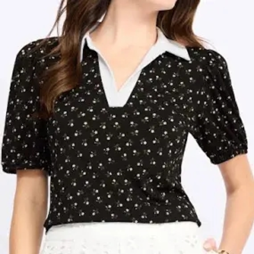 CeCe Puff Sleeve Polo with Contrast Color Shirt. Sz.M